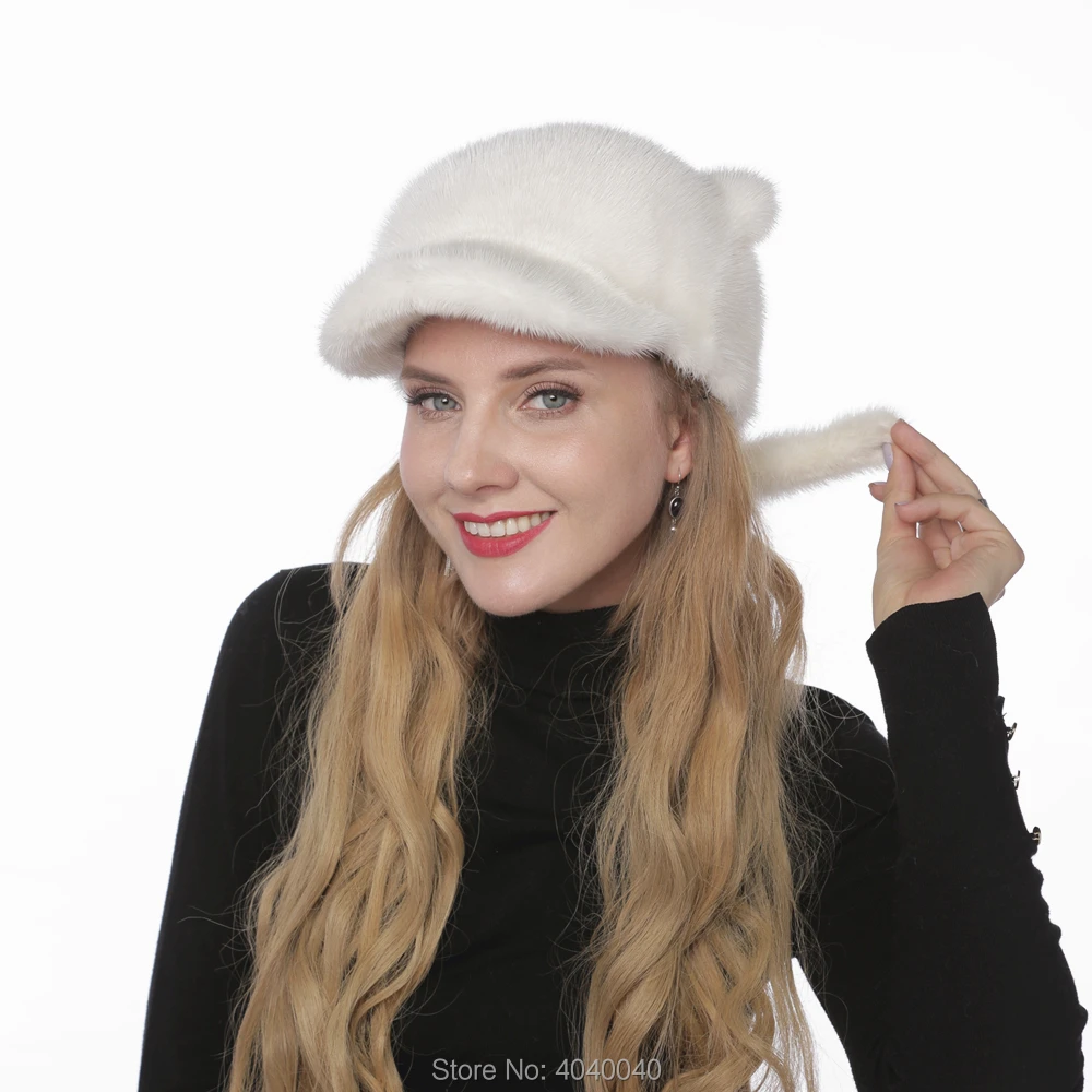 

Bravalucia Genuine Mink Fur Hats Women Winter Fur Hat with Cat Ears & Tail Fashion Girls Fur Baseball Cap Russian Bomber Beanie