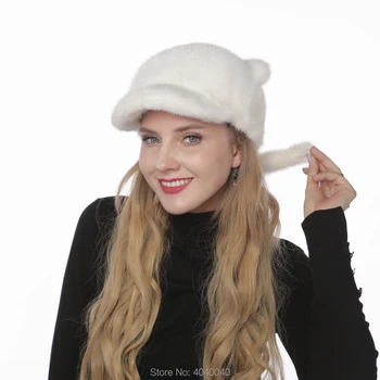

Bravalucia Genuine Mink Fur Hats Women Winter Fur Hat with Cat Ears & Tail Fashion Girls Fur Baseball Cap Russian Bomber Beanie