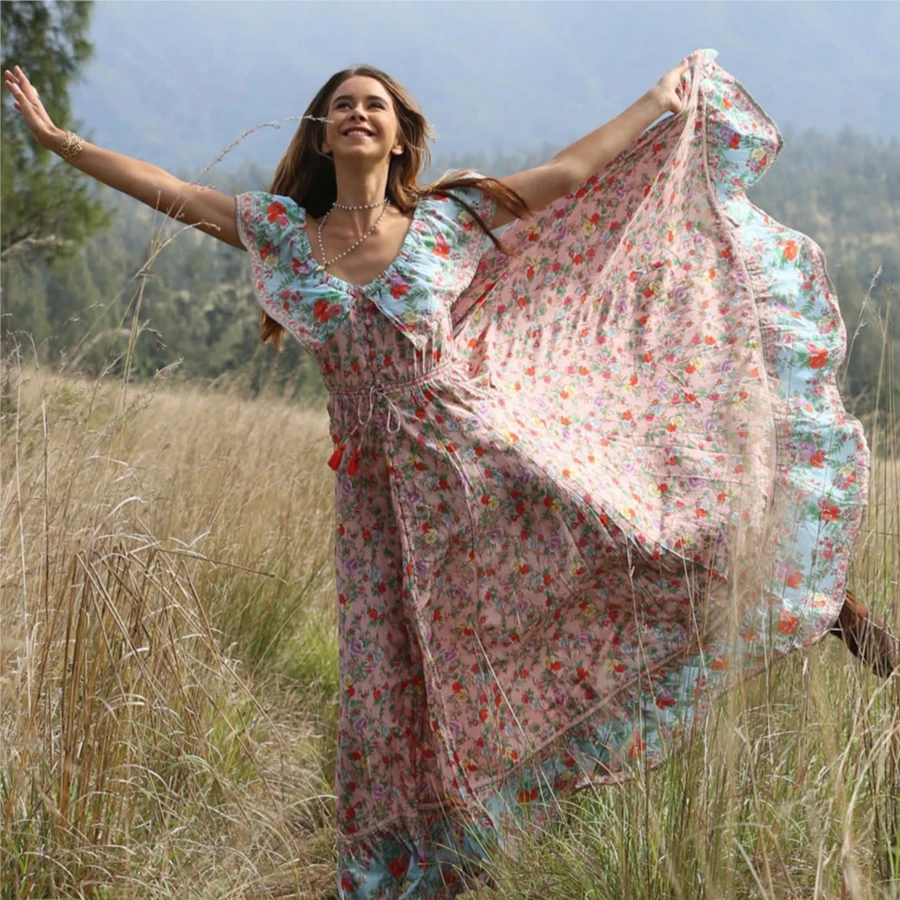 

TEELYNN boho dress off the shoulder sundress pink rayon floral print Elastic waist beach wear summer women drsses Gypsy vestido