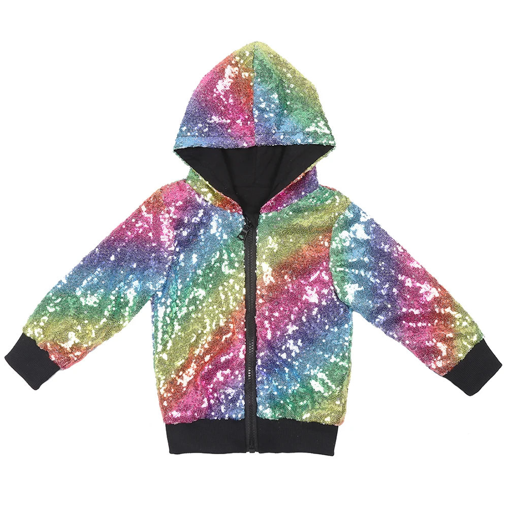 Одежда куртка с капюшоном для мальчиков и девочек однотонная хлопковая верхняя одежда с пайетками для малышей Детское пальто ярко-синий длинный рукав на весну и осень - Color: Rainbow 01