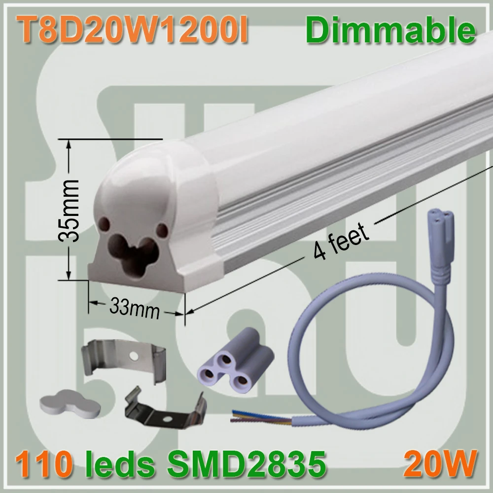 

10pcs/lot free shipping Dimmable T8 integrated tube 4ft 1200mm milky clear cover 20W surface mounted lamp comes with accesory