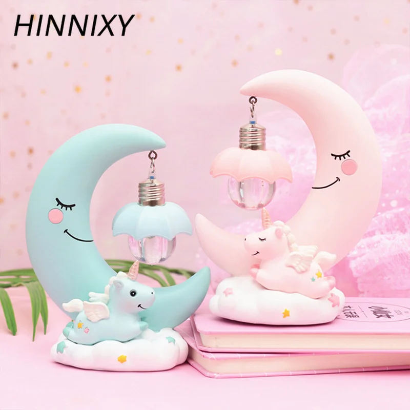 Hinnixy Луна Единорог ночной Светильник розовый синий милый мультфильм смолы настольная лампа спальня прикроватный Декор Светильник ing девочка подарки на день рождения