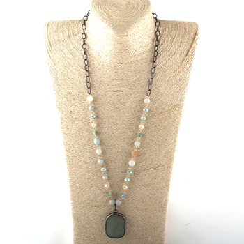 

Fashion Jewelry Natural Stone & Glass Crystal Long Chain Blue Stone Pendant Necklaces For Women Ethnic Necklace