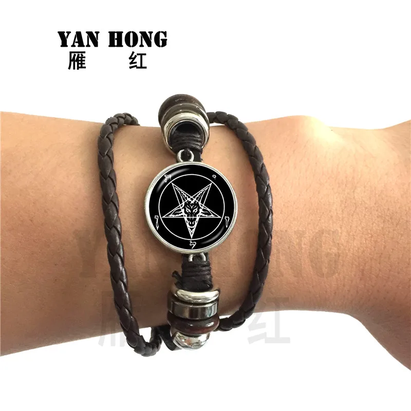 Черный/коричневый оккультный перевернутый Знак Звезды пентаграмма сатанинская пентаграмма Звездные символы стеклянные кожаные браслеты для мужчин и женщин ювелирные изделия