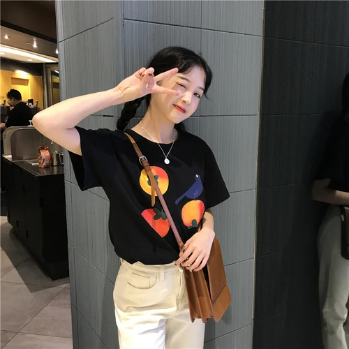 

Simple Cute Cartoon Printed Casual Loose All Match White Cotton Basic 2019 Hot Sale New Arrival Female Women T-shirts