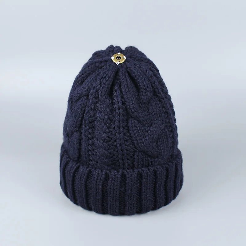 Зимние женские шапки с помпонами, теплые шапки с подкладкой из вельвета и флиса внутри, однотонные черные и белые шапки с натуральным мехом, шапки с помпонами, шапки s - Цвет: Navy hat