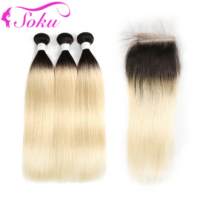 

1B/613 Honey Blonde Straight Human Hair Bundles With Closure 4*4 SOKU 3 Bundles With Closure Remy Brazilian Hair Weave Bundles