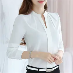 Белая блузка женская 2019 v-образным вырезом с длинным рукавом рубашка Повседневная шифон женские топы и блузки