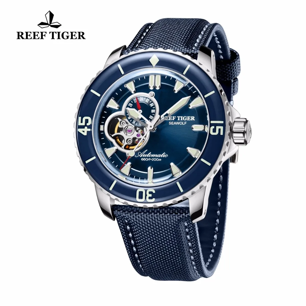 Мужские наручные часы Reef Tiger/RT с нейлоновым ремешком и синим циферблатом