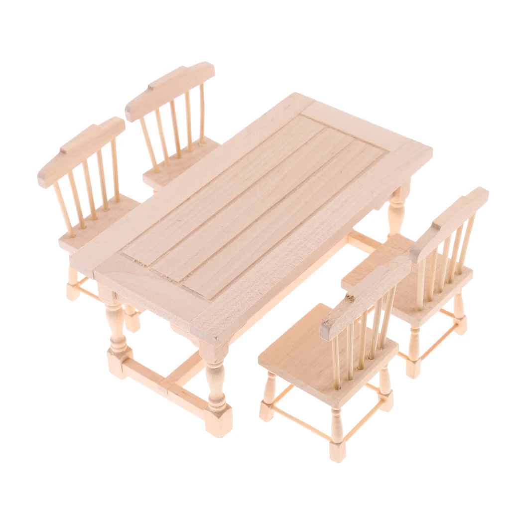 1/12 Dollhouse Dining Room Furniture Natural Wood Dining Table Chairs Set