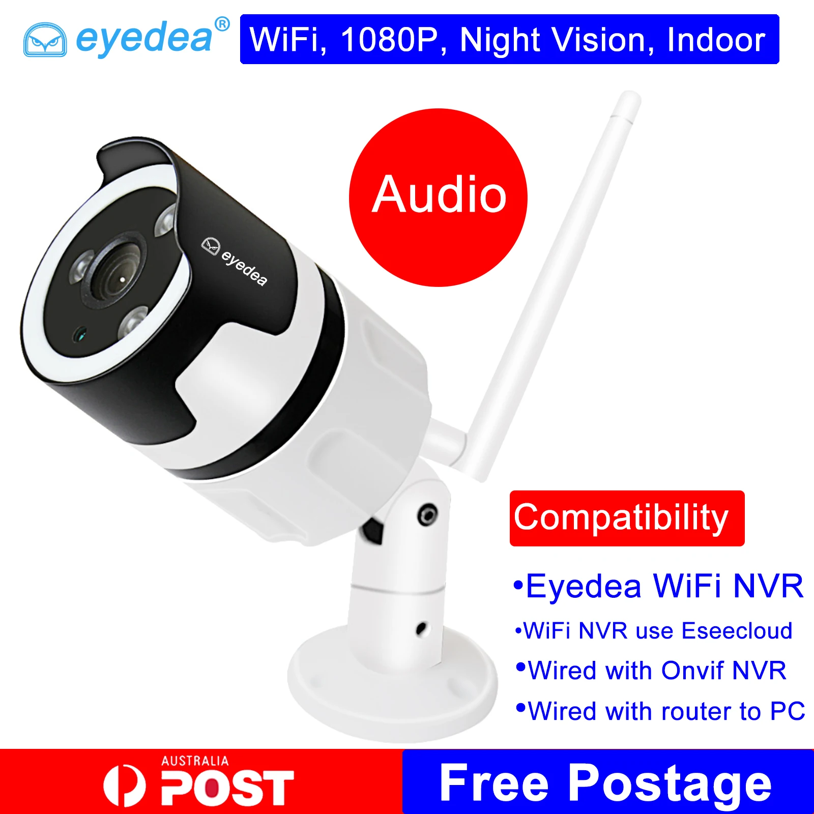 

Eyedea 1080P 2.0MP Wireless IP WiFi Camera w/ Built in Audio Indoor Onvif Night Vision for NVR