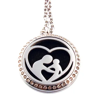 

10PCS 20/25/30mm Silver Crystal Hollow Mom and Son Stainless Steel Essential Oil Diffuser Necklace With Chain And Pad