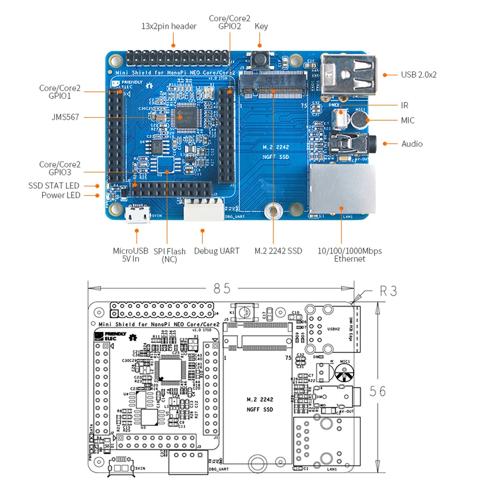 Мини-щит для NanoPi NEO Core/Core2 тот же форм-фактор, что и RPi, может быть хорошо помещен в чехол RPi