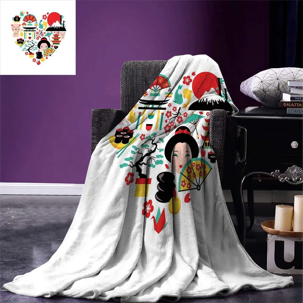 

Japanese Throw Blanket The Land of the Rising Sun Culture Bonsai Tree Fuji Mountain Tea Sushi Zen Design Warm Microfiber Blanket