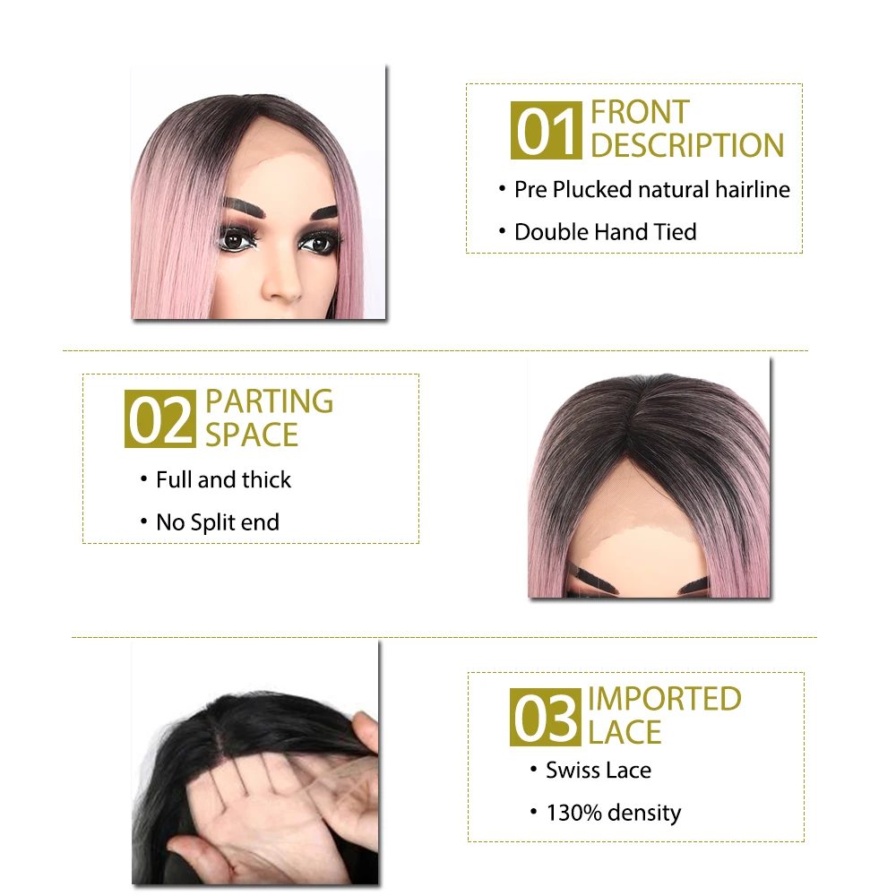 Suri 30inche Longo Sintético em Linha Reta Peruca Dianteira do Laço do Cabelo Rosa Ombre Raízes Negras de Fibra Resistente ao Calor Parte Lateral para Mulheres Cosplay 7 Suri 30inche longo Sintético em linha reta