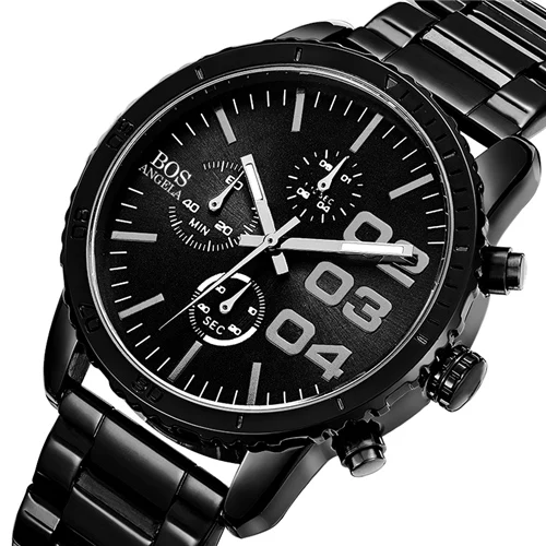 BlackDial Relogio Masculino ANGELA BOS люксовые брендовые военные часы мужские водонепроницаемые часы из нержавеющей стали под платье кварцевые наручные часы Мужские часы Saat - Цвет: BlackDial