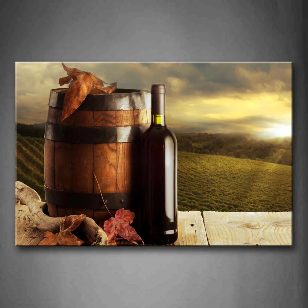 

Framed Wall Art Pictures Wine Barrel Bottle Sunlight Canvas Print Food Modern Posters With Wooden Frames For Living Room