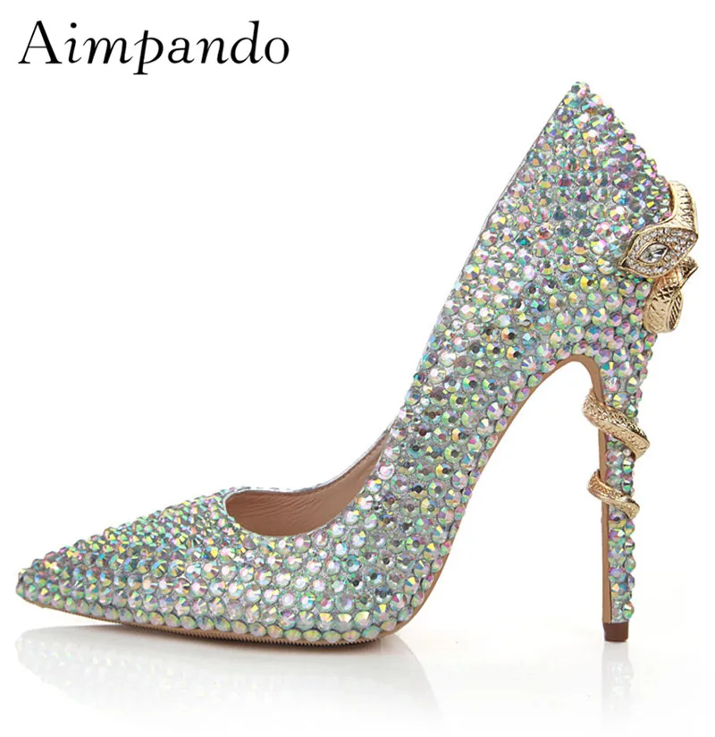 

Luxury Rhinestone Bridal Wedding Shoes Diamond Gold Serpentine Decor Point Toe White Pearl Shallow Women Pumps