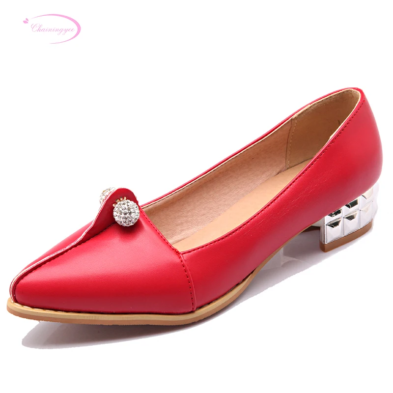

Chainingyee sweet casual style sexy pointed toe OL loafers fashion diamond slip black white red flat women's shoes big size