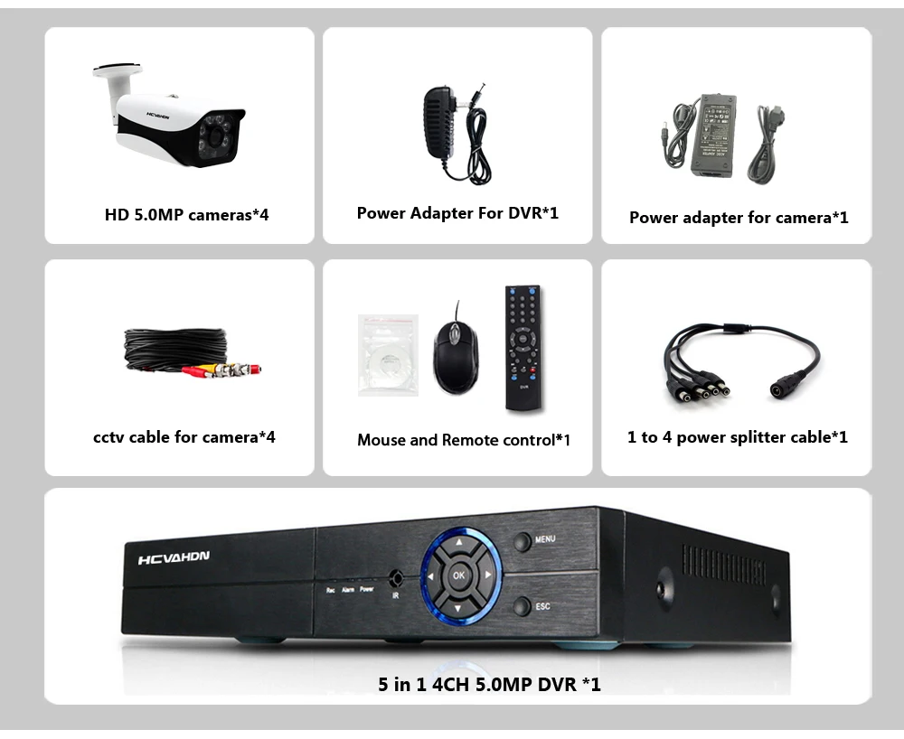 Sale HCVAHDN 5.0MP 4CH Security Camera System CCTV Surveillance Kit 40m Night Vision Camera HDMI P2P  DVR 5MP Video Output Kits 4