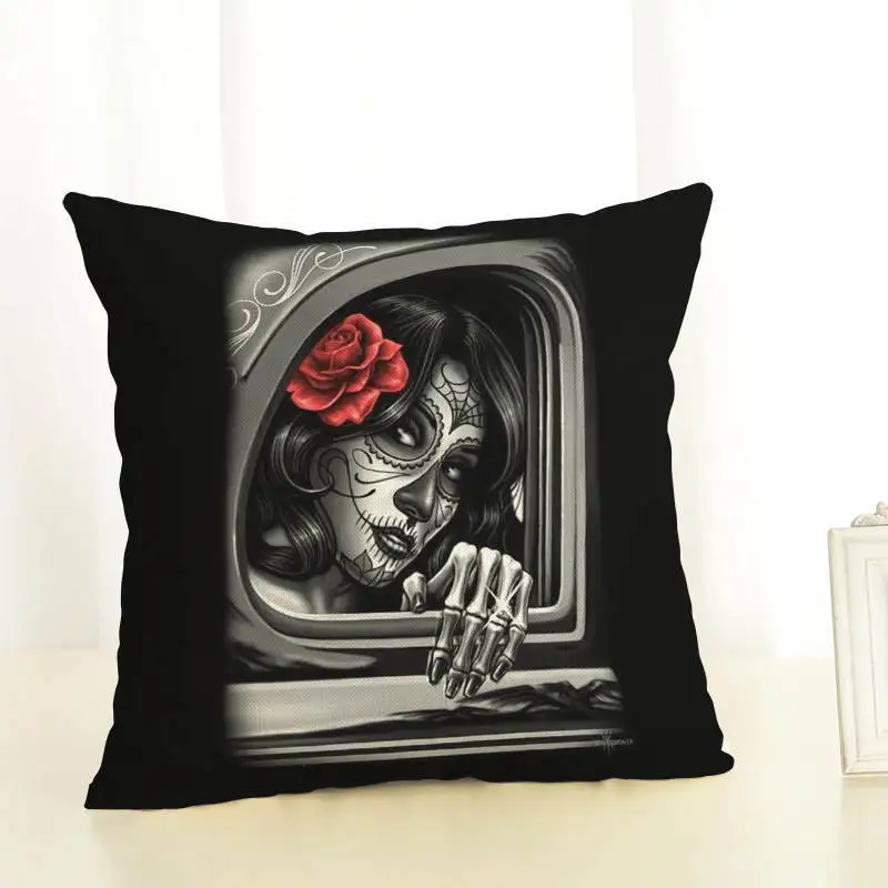 Terrorible Zara*Women Printed Flowers Cushion Cover 45x45cm Linen Black And White People Throw Pillow Covers Tattoo Woman Pillow