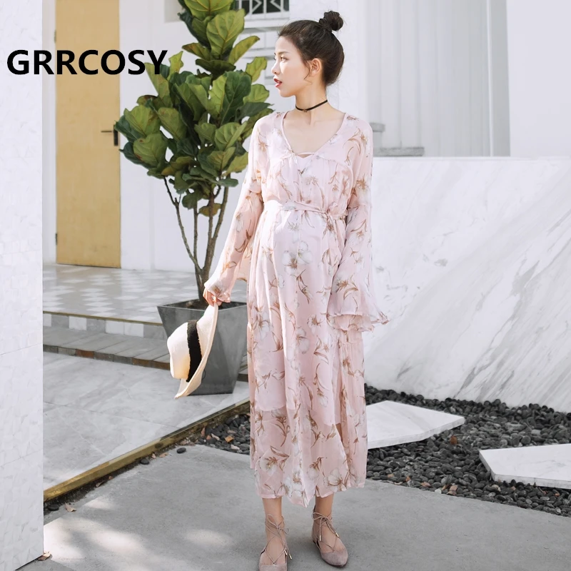 

GRRCOSY Maternity Dress Chiffon Printing V-Neck Long Ruffle Two pieces New Summer Lady Elegant Floral Photo Shoot Party Clothes