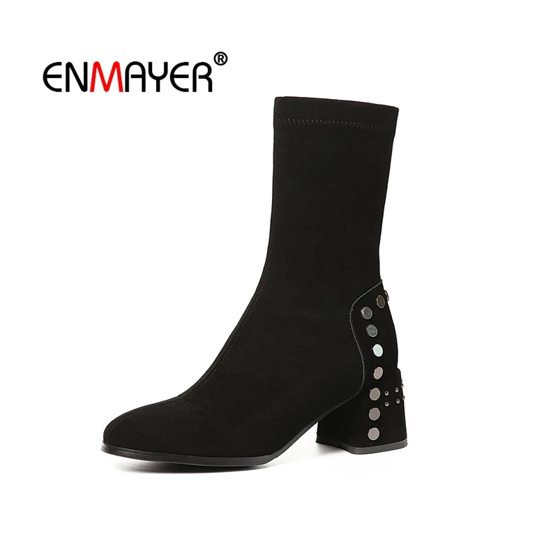 

ENMAYER Woman Over The Knee High boots Winter Women Boots Thigh high boots Flock Fashion Boots Slip on Rivets Thick heel CR1528