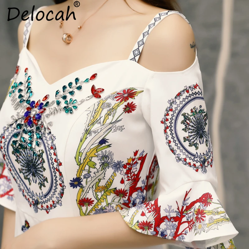 Delocah Women Summer Dress Runway Fashion Designer Sexy V-Neck Spaghetti Strap Beading Animal Printed Elegant Vintage Dresses