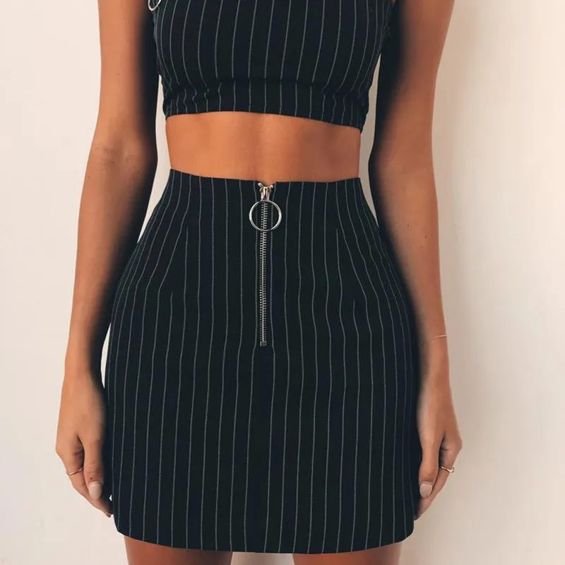 

FBE&CDG Fashion Women Stripe 2 Piece Set Skirt Crop Top Off Shoulder Tank Summer Two Piece Set Black Zipper Mini Skirt
