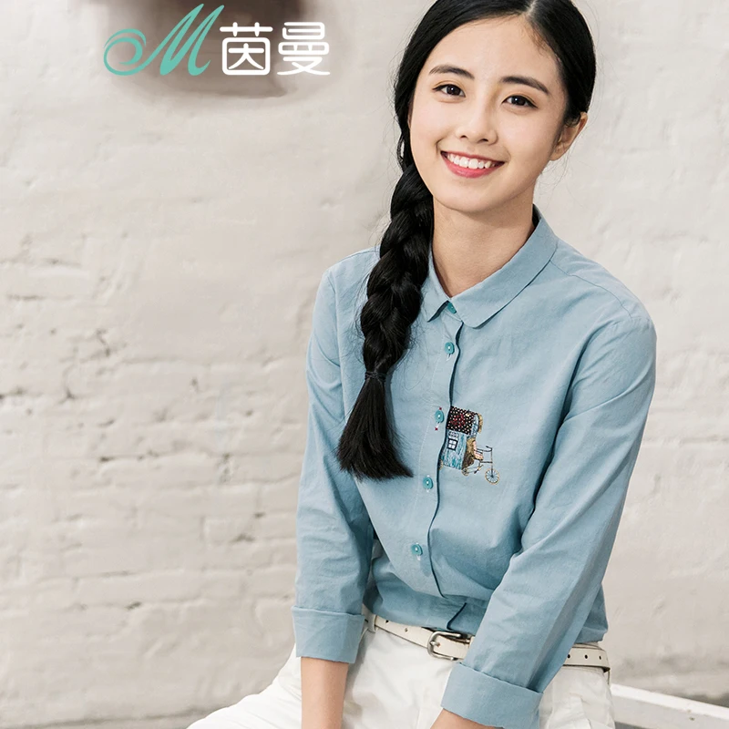 

INMAN literary style printing pure cotton white shirt women long sleeves blouse tops