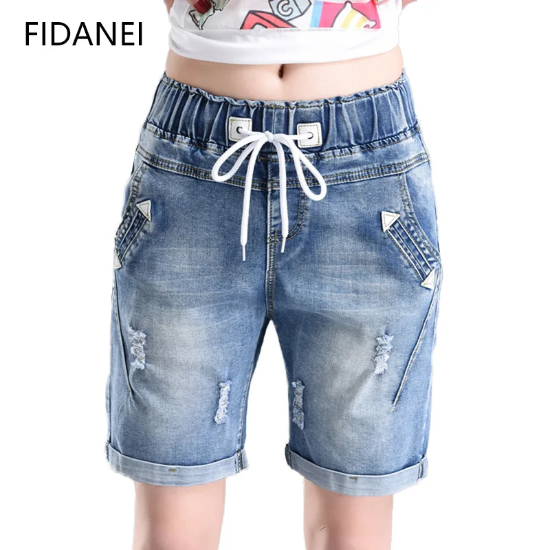 

Large Size Women Fat MM Summer Students Denim Shorts Female 5XL 200 Pounds Plus Size Elastic Waist Wide Leg Mujer Harem Trousers