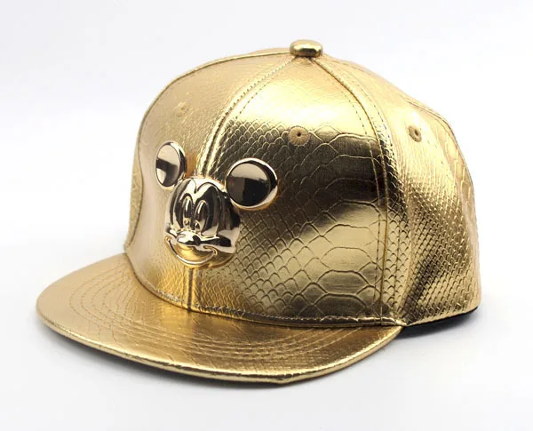 PU golden Spring Summer Gorras 100%cotton Pu Leather Baseball Cap Children's Baby Hip-hop Hat Boys Girls Snapback Cartoon Mickey Caps - Цвет: PU golden