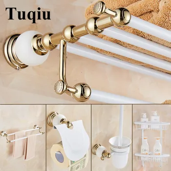 

Bathroom Accessories Set New brass and Jade White Gold ,Paper Holder,Towel Bar,Soap basket,towel rack,hook bathroom Hardware set