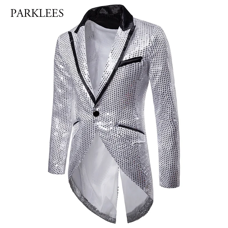 

Brand Tuxedo Blazer Men Shiny Silver Sequins Blazers Suit Jacket Mens Slim Fit Glitter Party Stage Singer Blazer Masculino XXL
