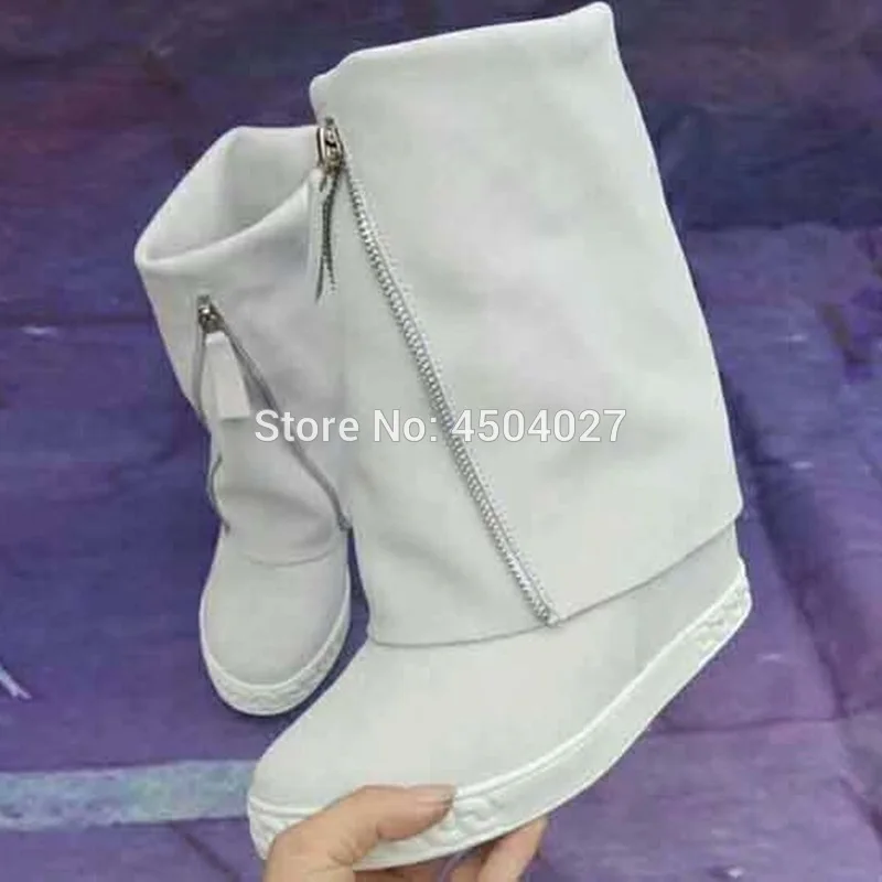 Fashion Women Front Zipper Round Toe Mid-Calf Boots Zip Height Increased Platform High Heels Wedge Boots Slip On