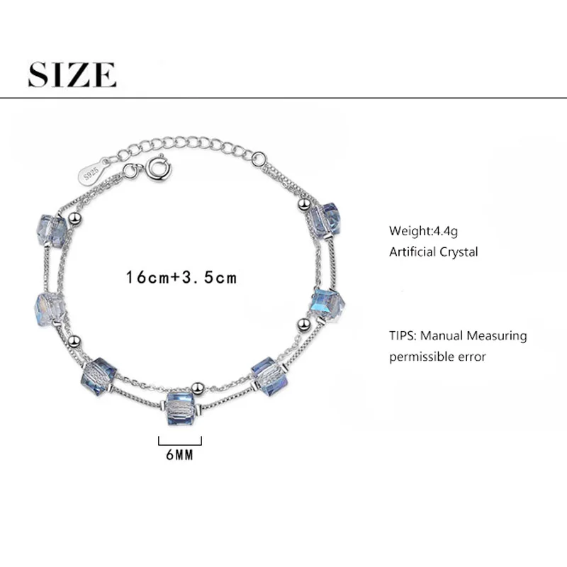 Anenjery, простой двухслойный квадратный конфетный синтетический Кристальный браслет для женщин, 925 пробы, серебряная ручная бижутерия, подарок S-B222