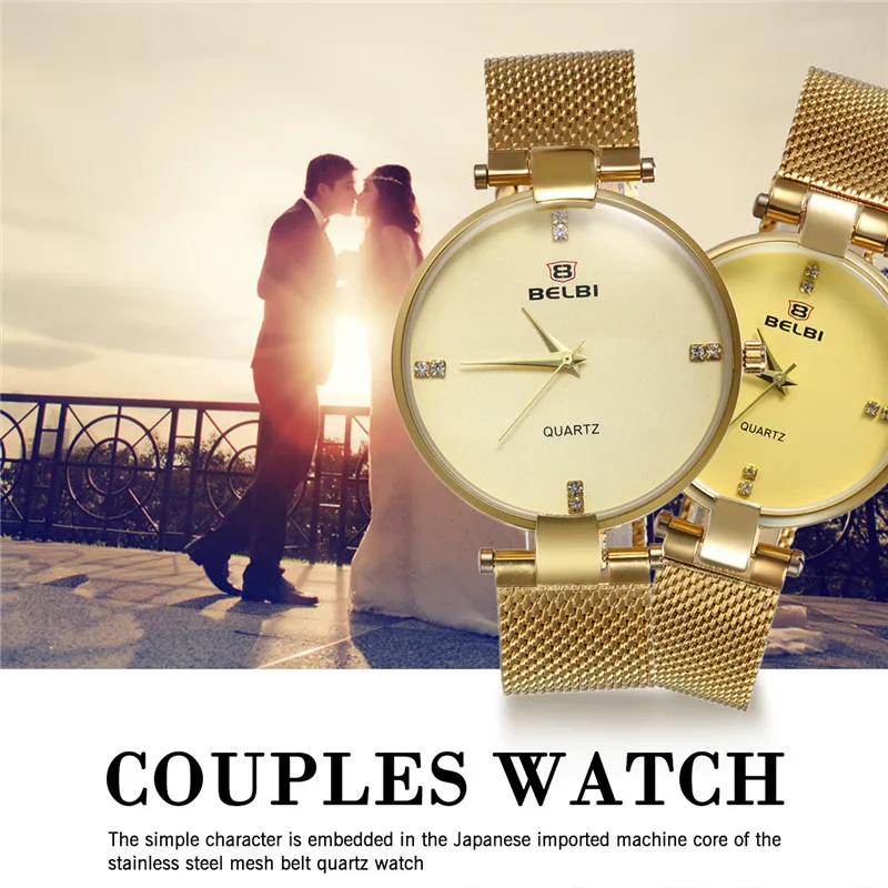 Lovers Couple Watch Lancardo Brand Mens Womens Crystal Watches Luxury Fashion Business Gold Mesh Strip Watch Quartz Wrist Watch