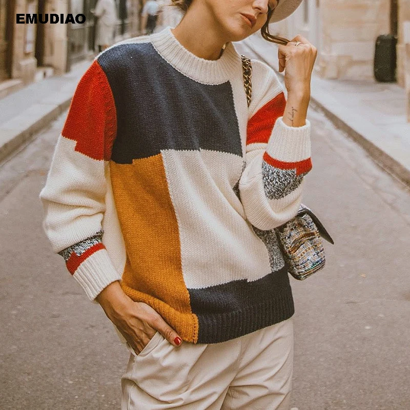

Sweater Woman Winter 2019 Casual Patchwork Long Sleeve Knitted Pullover Autumn Fashion Streetwear Woman Sweaters Jumper Sueter