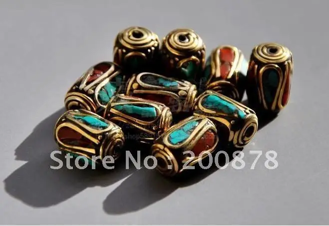 

DIY Loose Beads NBB309 Nepalese metal brass loose beads,vintage turquoise loose spacers,10*16mm,10 beads lot