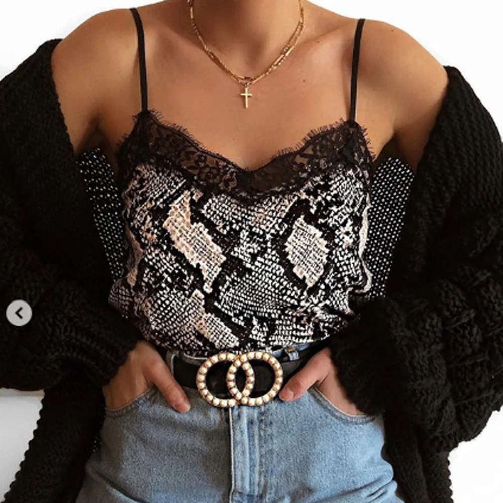 

Womens Summer Sexy Snake Skin Cobra Print Casual Off Shoulder Short Tank Shirt Beach Vest Tank
