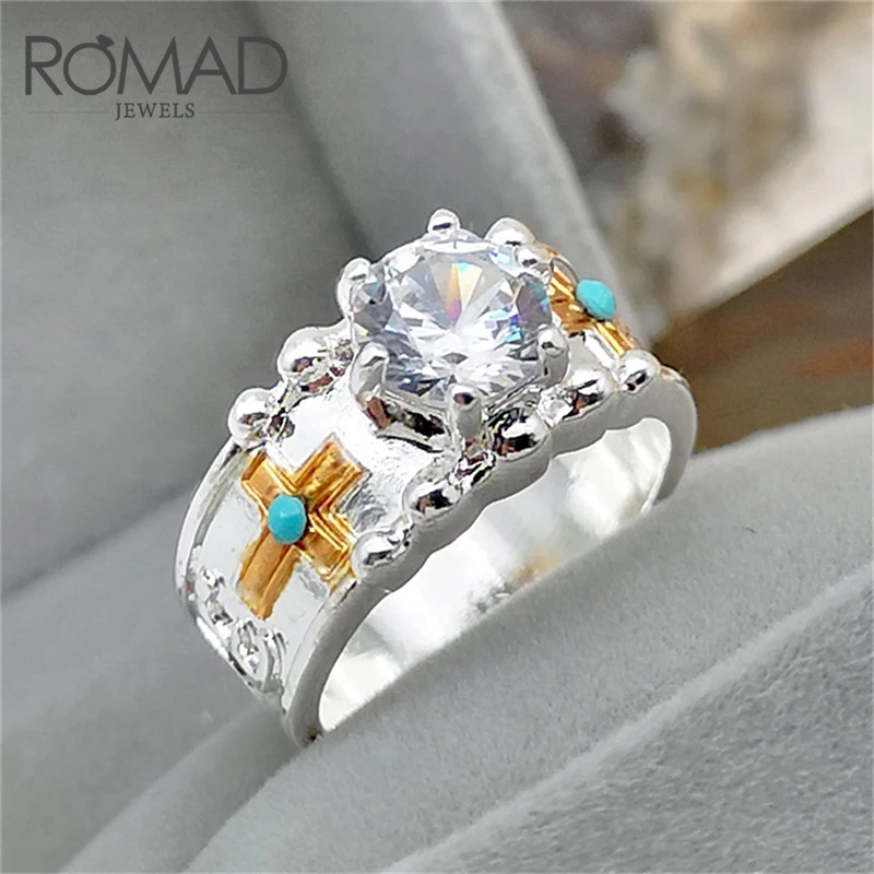 

ROMAD Luxury Crystal Ring Big Stone Cubic Zirconia Rings For Men Boy Male Metal Gold Color Cross Zircon Wedding Ring Jewelry R50