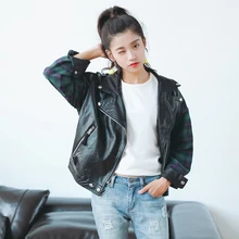 Faux Leather Jacket Ladies 2016 Vintage Plaid Sleeve Patchwork Motorcycle Jacket Women PU Leather Clothing jaqueta de couro 5195