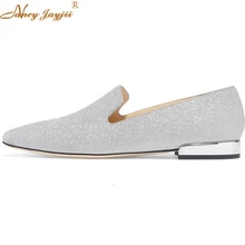 Jaida сверкали Кожаные Мокасины квадратный носок женская обувь серебряной пряжкой Повседневное Офис Женский Леди Осень Big Foot Размеры 46 модные