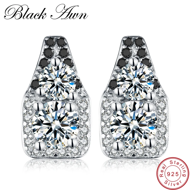 

[BLACK AWN] Genuine 925 Sterling Silver Earrings Vintage Black Spinel Engagement Stud Earrings for Women Silver 925 Jewelry T012