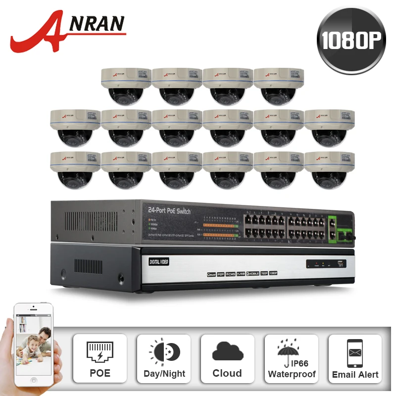 

1080P HD 30 IR Outdoor Vandal-proof Dome Network POE IP Camera Onvif 16H CCTV NVR System Video Recorder 24CH POE Switch 6TB HDD