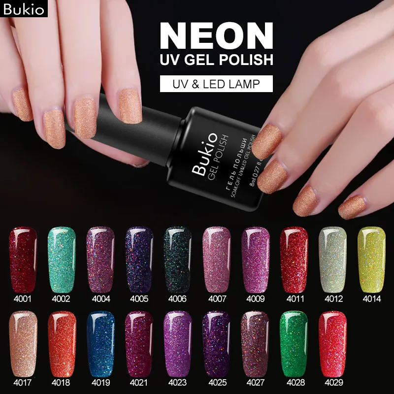 

Bukio Neon Glitter Gel Nail Polish Long Lasting Soak Off Long-lasting UV Gel Varnish Semi-Permanent Lucky Colors 19 Colors 8ml
