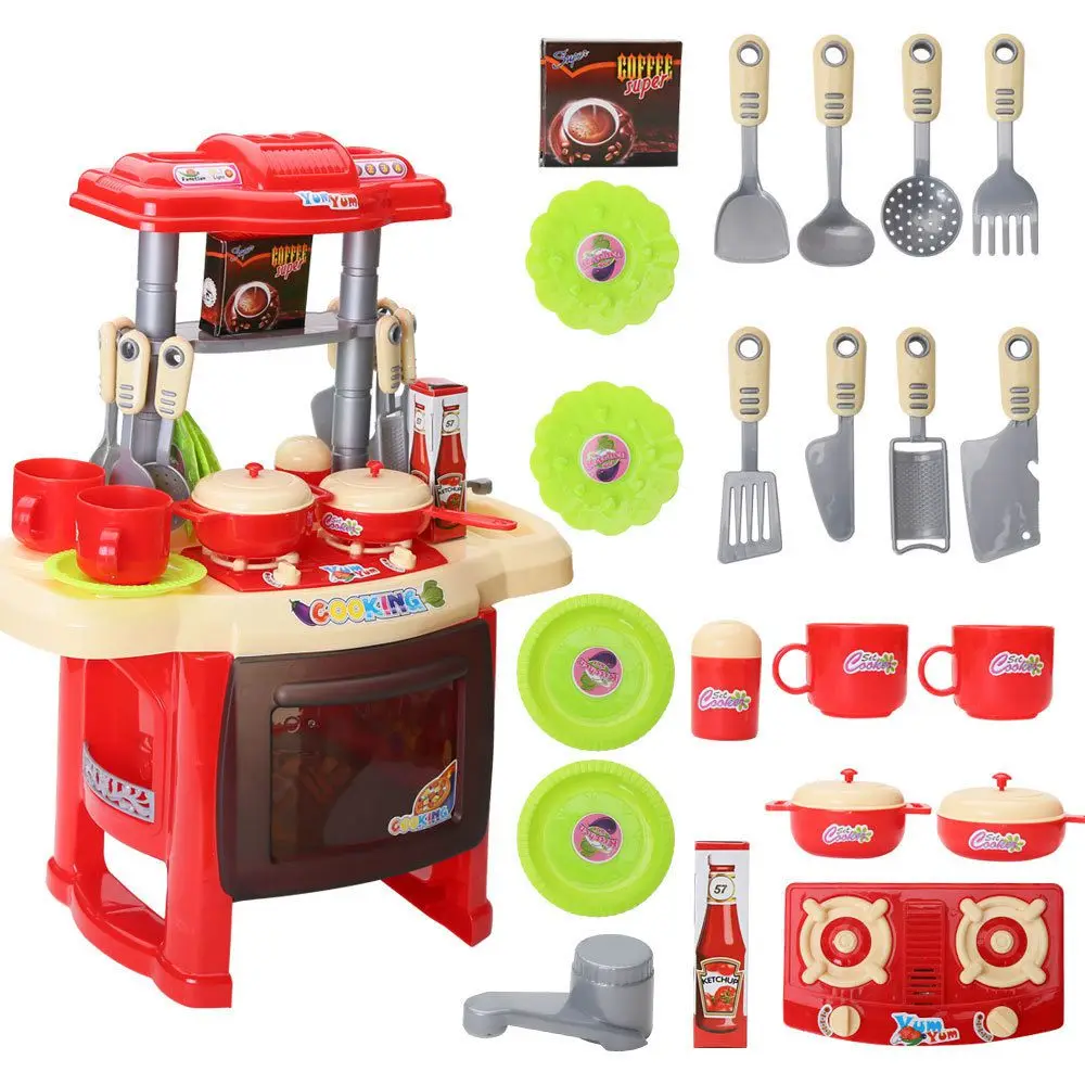 Красочные Дети кухня приготовления ролевые игры игрушка мебель плита набор светильник звук красный - Цвет: Red