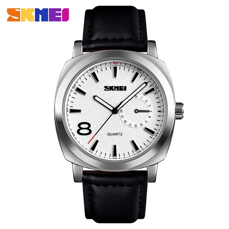 Silver Black Leather SKMEI повседневные деловые часы мужские модные кварцевые наручные часы с большим циферблатом из нержавеющей стали кожаный ремешок красочные часы для женщин Relogio - Цвет: Silver Black Leather