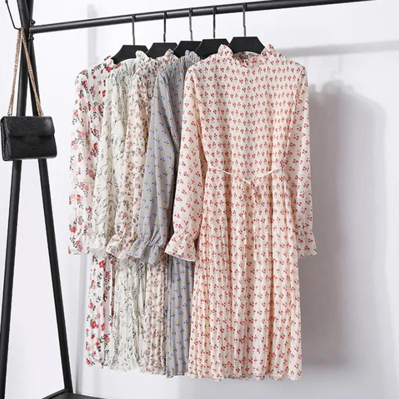 

2019 New Spring Summer Women Chiffon Dress Casual High Waist Print Pleated Dress Long Sleeve Ruffled Flare Sleeve Dresses LP011