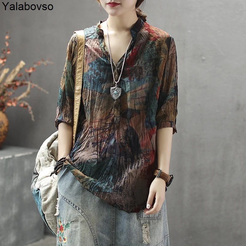 

Fashion Printing Summer shirts for woman Stand Neck Loose Free size Fashion Shirts female A0B2Z40